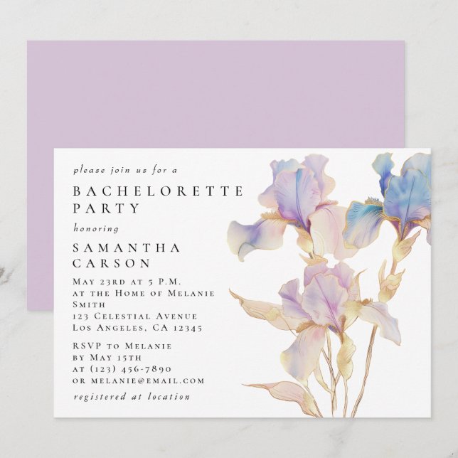 Invitación Elegante Fiesta de Bachelorette de Floral Iris (Anverso / Reverso)