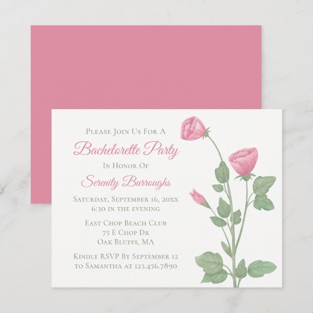 Invitación Elegante Fiesta de Bachelorette de Flores Rosa Flo (Anverso / Reverso)