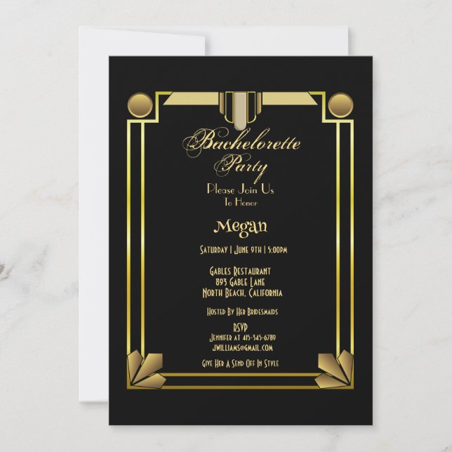 Invitación Elegante fiesta de Bachelorette en negro y oro (Anverso)