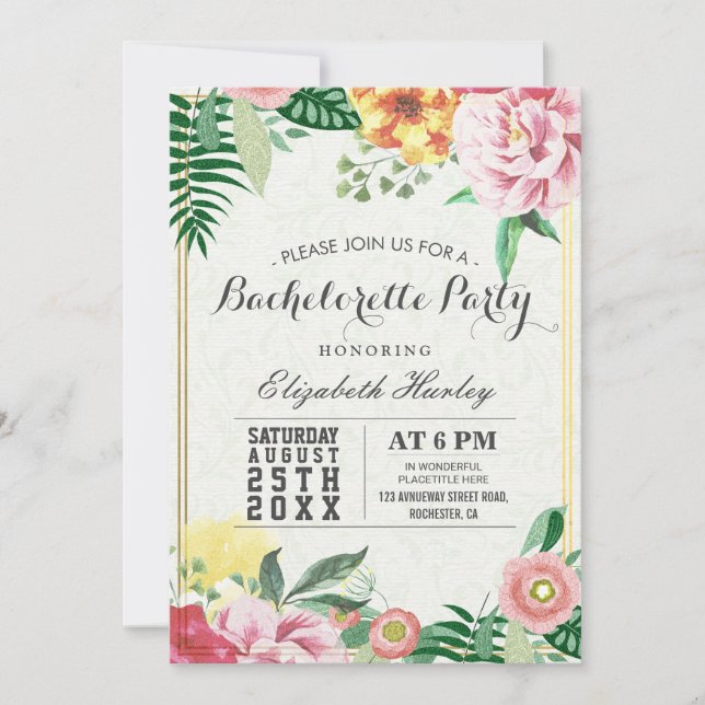 Invitación Elegante Fiesta de Bachelorette Floral (Anverso)
