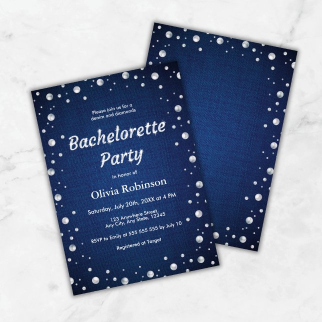 Invitación Elegante fiesta de bachillerato de denim azul y di (Elegant Blue Denim and Diamonds Bachelorette Party Invitation )