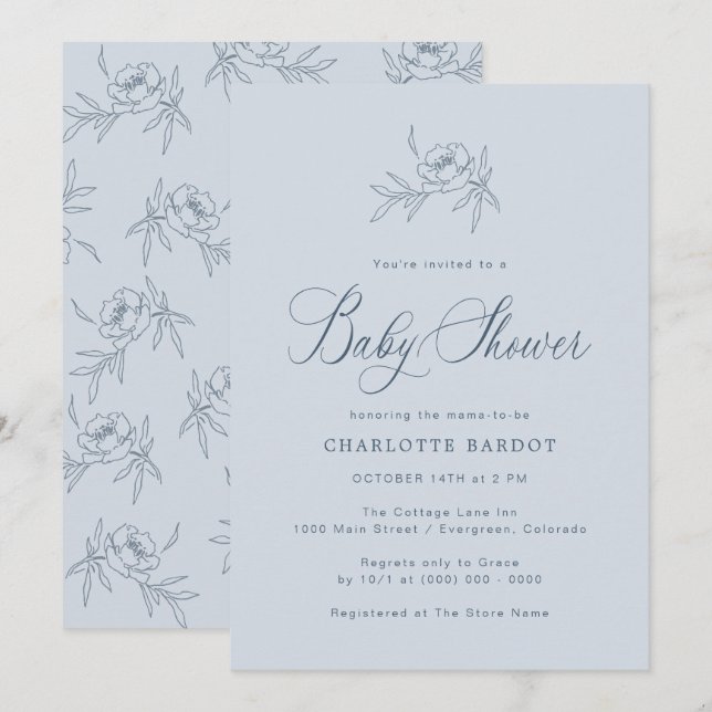 Invitación Elegante Fiesta de Bebé Azul (Anverso / Reverso)