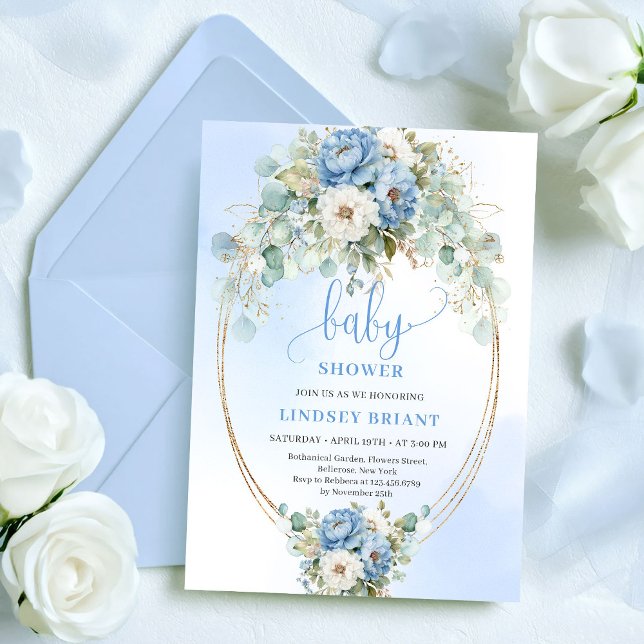 Invitación Elegante Fiesta de Bebé Boho Azul Floral Verde Dor (Elegant Boho Blue Floral Greenery Gold Baby Shower)