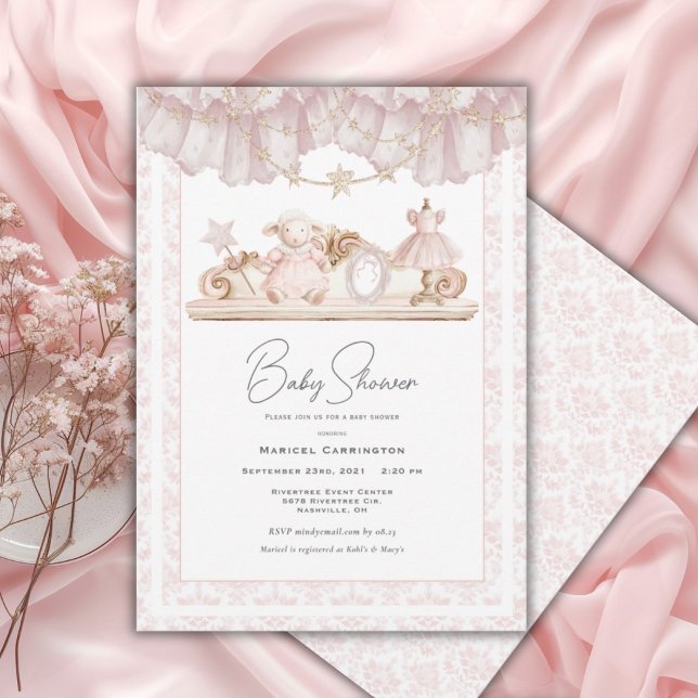Invitación Elegante Fiesta de Bebé Caprichosa con Toile Rosa (Subido por el creador)