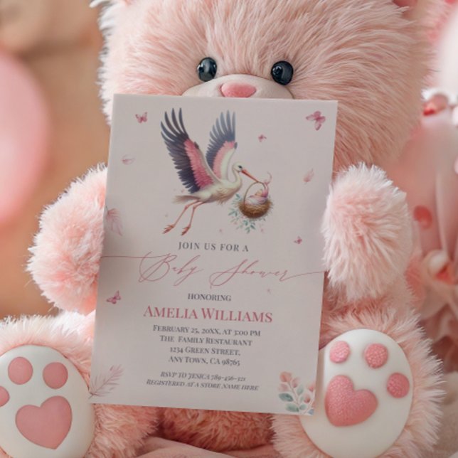 Invitación Elegante Fiesta de Bebé Cigüeña Rosa con Mariposas (Subido por el creador)