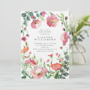 Invitación Elegante Fiesta de Bebé con Florales en Acuarela R