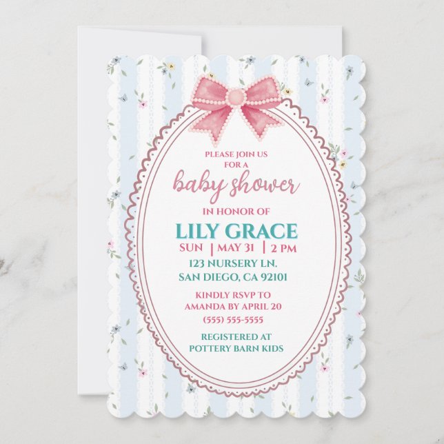 Invitación Elegante Fiesta de Bebé con Flores Rosa y Estilo S (Anverso)