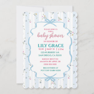 Invitación Elegante Fiesta de Bebé con Flores y Lazo Azul Sha