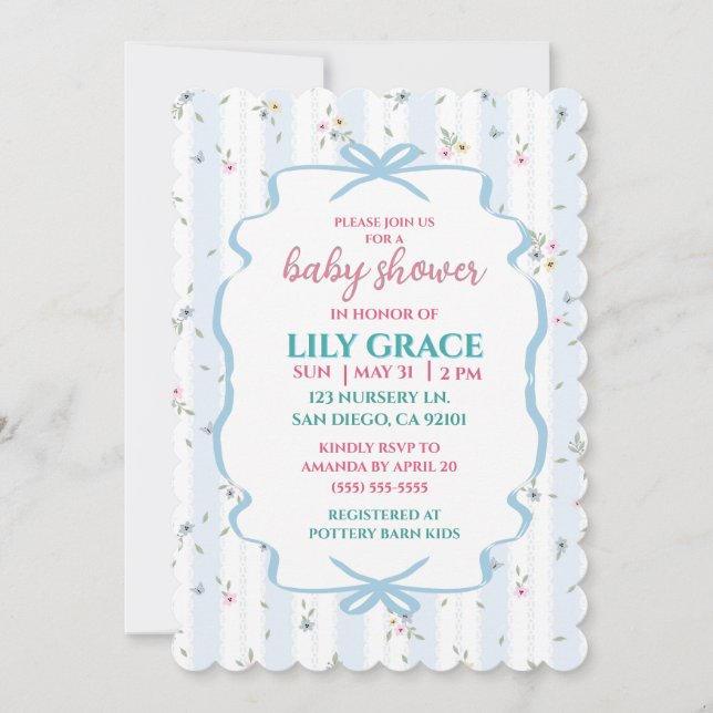 Invitación Elegante Fiesta de Bebé con Flores y Lazo Azul Sha (Anverso)