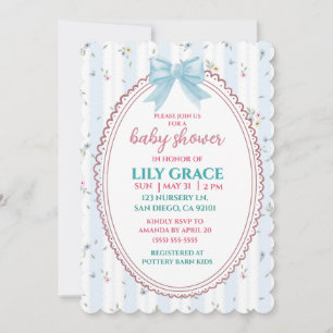 Invitación Elegante Fiesta de Bebé con Flores y Lazo Azul Sha