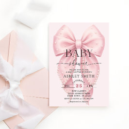 Invitación Elegante Fiesta de Bebé con Lazo Rosa