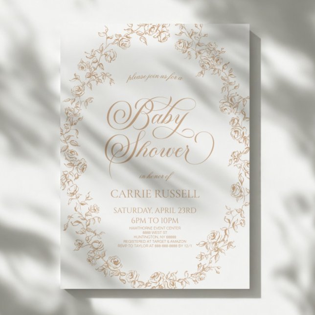 Invitación Elegante Fiesta de Bebé con Rosas Florales Beige e (Subido por el creador)