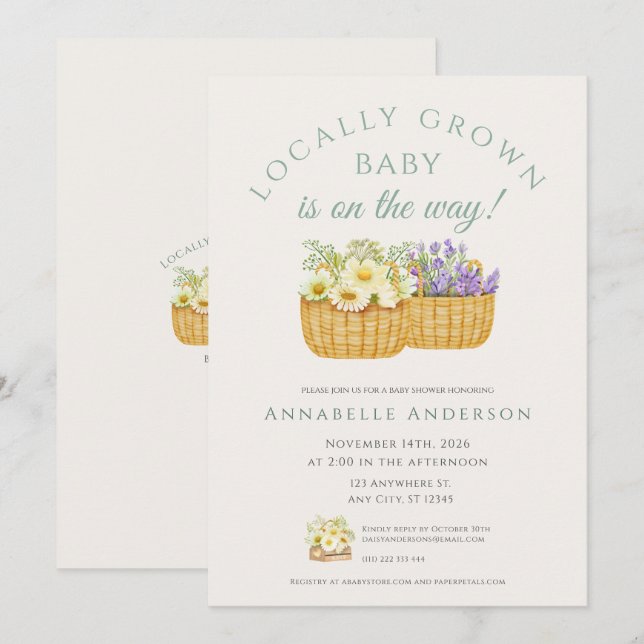 Invitación Elegante Fiesta de Bebé Floral Local Neutral (Anverso / Reverso)