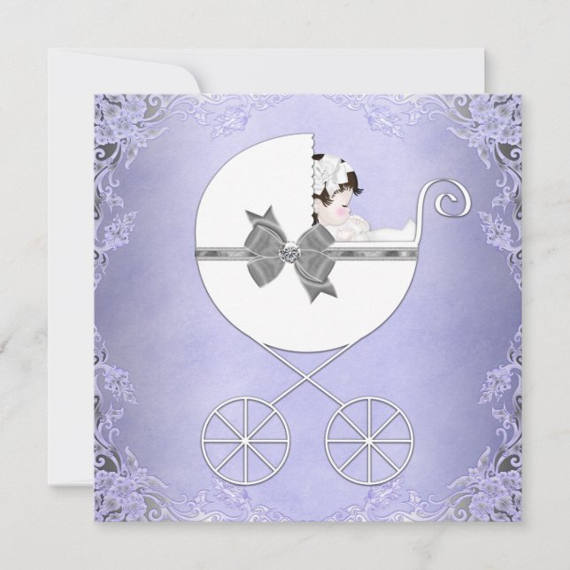 Invitación Elegante Fiesta de Bebé Niña Morado y Gris (Anverso)