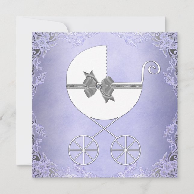 Invitación Elegante Fiesta de Bebé Niña Morado y Gris (Anverso)