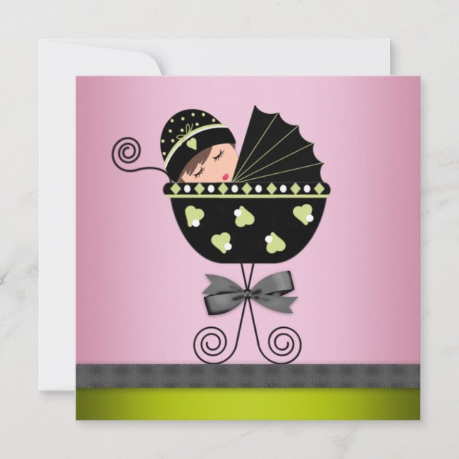 Invitación Elegante Fiesta de Bebé Niña Rosa Verde (Anverso)