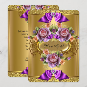 Invitación Elegante fiesta de bebé niña rosas púrpura rosa or