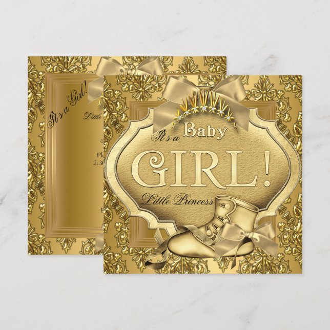 Invitación Elegante Fiesta de Bebé Princesa Bebé Niña Oro Dor (Anverso / Reverso)