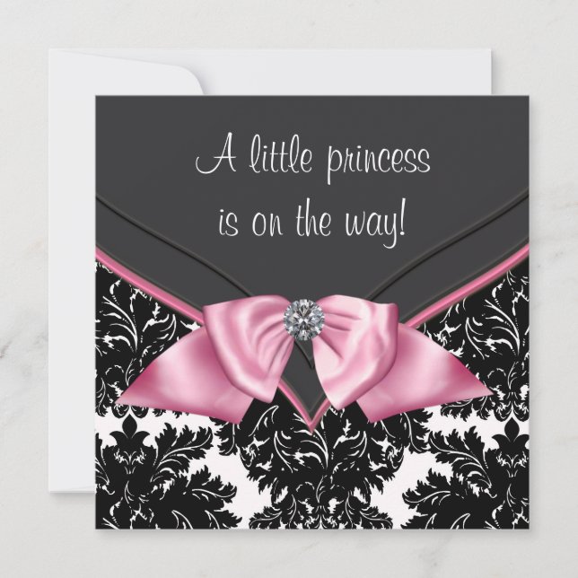 Invitación Elegante fiesta de bebé princesa de Damasco negro (Anverso)