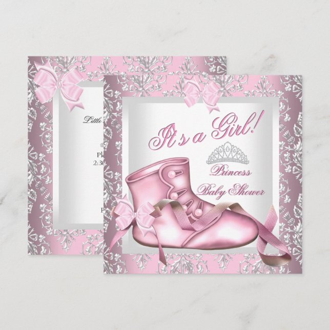 Invitación Elegante Fiesta de Bebé Princesa Niña Rosa Damask  (Anverso / Reverso)