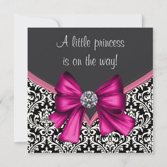 Invitación Elegante Fiesta de Bebé Princesa Rosa Caliente Neg (Anverso)