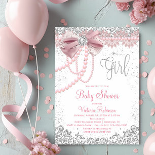 Invitación Elegante Fiesta de Bebé Rosa con Perlas y Diamante