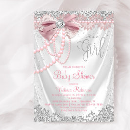 Invitación Elegante Fiesta de Bebé Rosa con Perlas y Diamante