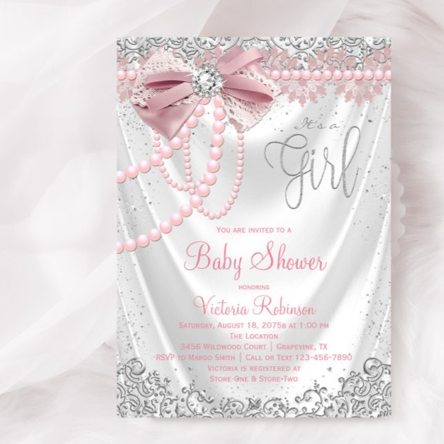 Invitación Elegante Fiesta de Bebé Rosa con Perlas y Diamante (Elegant blush pink and silver diamond baby shower invitation. Simply add your event details.)