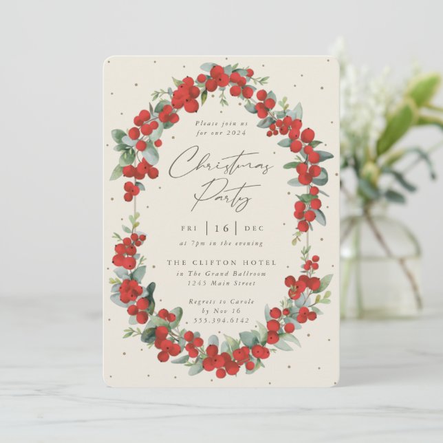 Invitación Elegante Fiesta de Berry Rojo + Navidades Eucalypt (Anverso de pie)