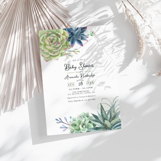 Invitación Elegante Fiesta de Bienvenida de Suculentas para e (Elegant Succulent Baby Shower Invitation)