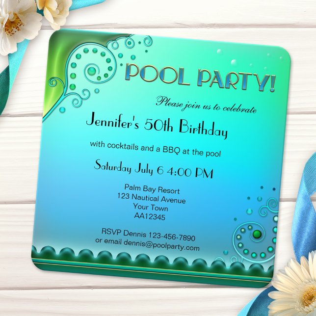 Invitación Elegante fiesta de billar de Aqua (Fancy artistic teal green adult pool party invitation)