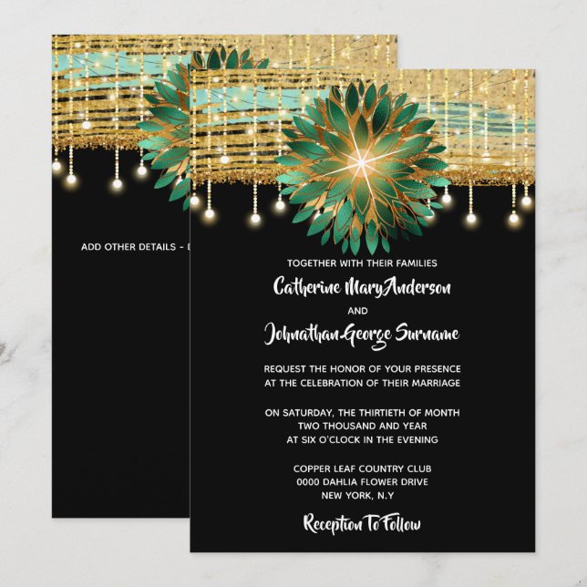 Invitación Elegante fiesta de boda azul verde azulado de oro  (Anverso / Reverso)