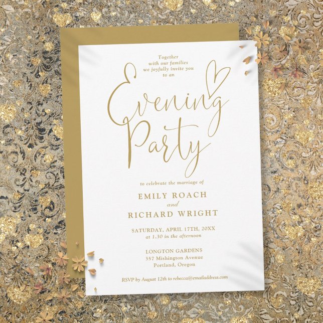 Invitación Elegante fiesta de boda con guión de oro (Elegant Gold Heart Script Wedding Evening Party Invitation)