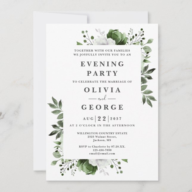 Invitación Elegante fiesta de boda floral verde oliva por la  (Anverso)