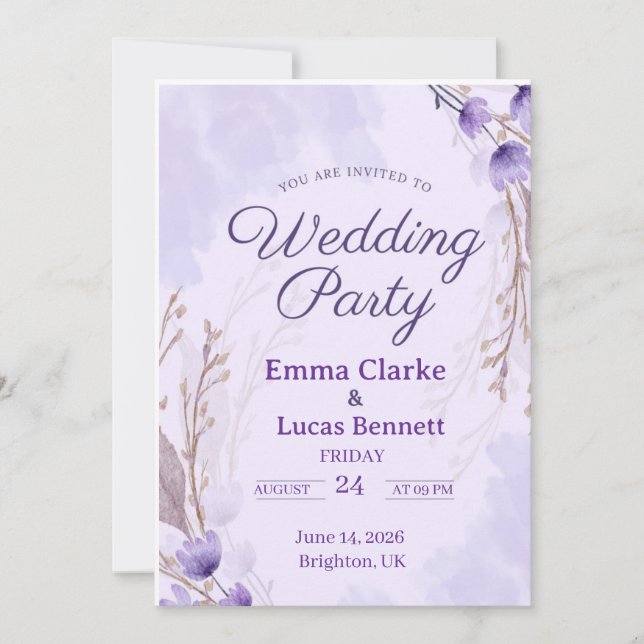 Invitación Elegante fiesta de boda morada floral (Anverso)