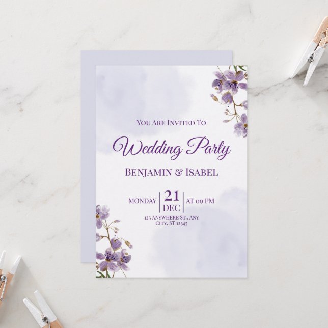Invitación Elegante fiesta de boda morada floral (Anverso/Reverso In Situ)
