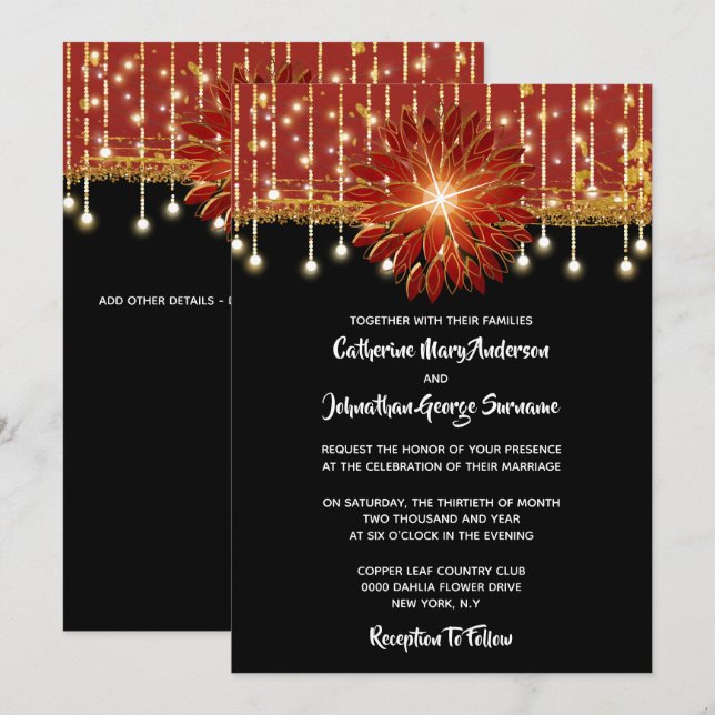 Invitación Elegante fiesta de bodas en rojo dorado floral (Anverso / Reverso)
