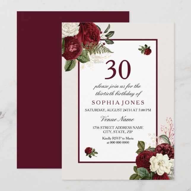 Invitación Elegante Fiesta de Borgoña Floral 30 cumpleaños (Anverso / Reverso)
