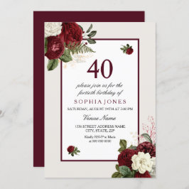 Invitación Elegante Fiesta de Borgoña Floral 40 cumpleaños