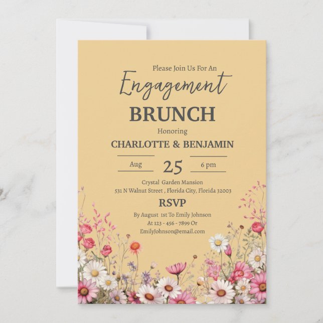 Invitación Elegante Fiesta de brunch de compromiso floral de  (Anverso)