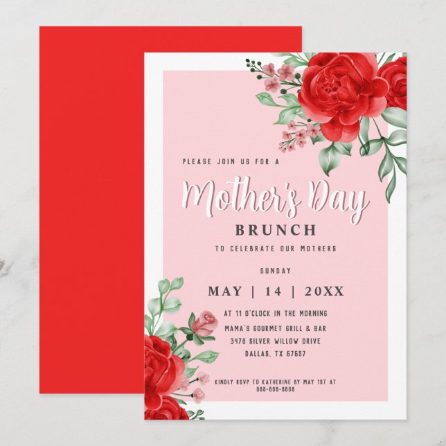 Invitación Elegante Fiesta de brunch del día de la madre flor (Anverso / Reverso)