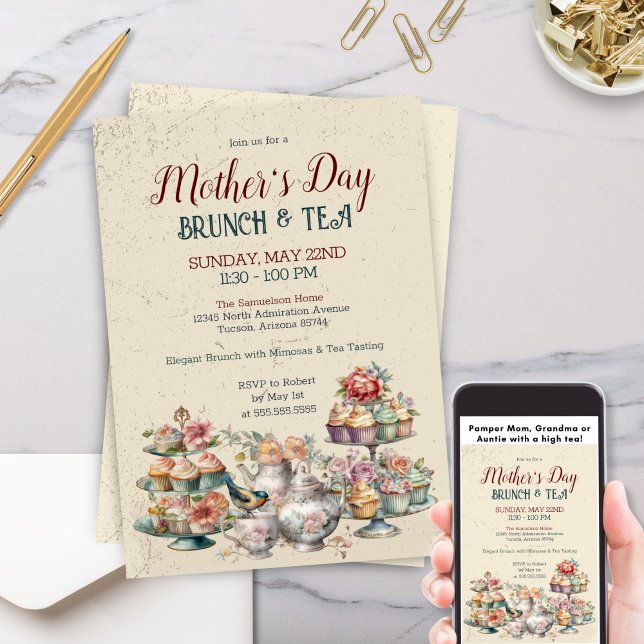 Invitación Elegante Fiesta de brunch del té de la madre de ép (Vintage high tea invitation for Mother's Day or any tea party event. Floral greenery and teacups)