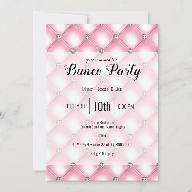 Invitación Elegante Fiesta de Bunco rosa Girly (Anverso)