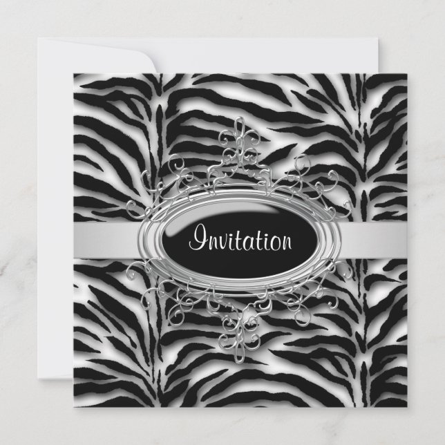 Invitación Elegante fiesta de cebra en blanco y negro (Anverso)