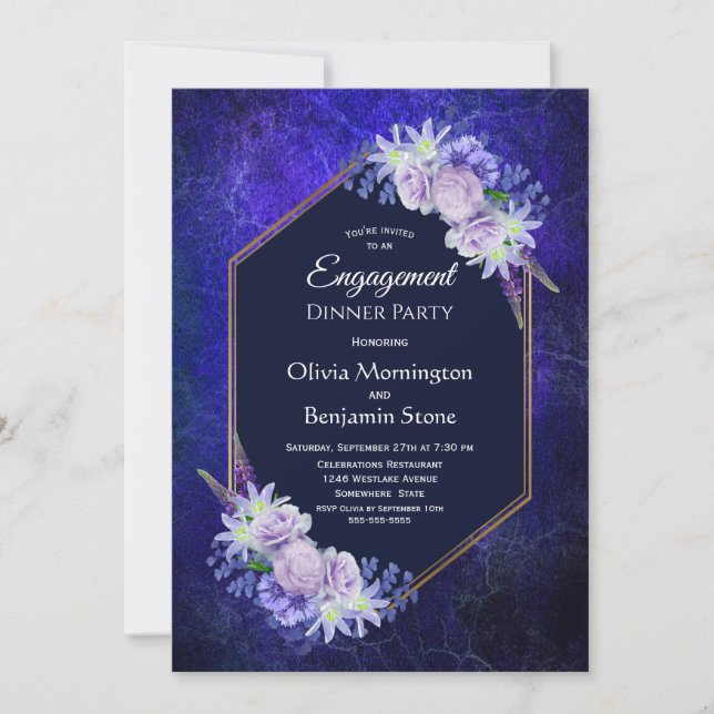 Invitación Elegante Fiesta de cena de compromiso floral azul  (Anverso)