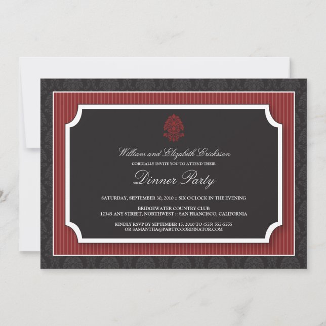 Invitación Elegante fiesta de cena de Damasco (maroon) (Anverso)