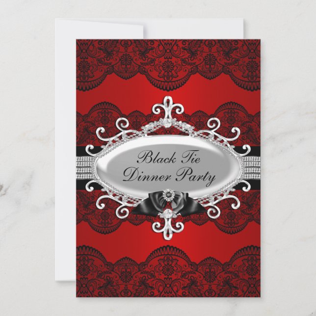 Invitación Elegante Fiesta de Cena de Lace Rojo y Bow Black T (Anverso)