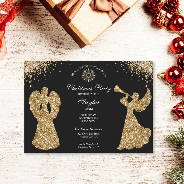 Invitación Elegante Fiesta de Cena de Navidades de Ángel (glitter gold angel)