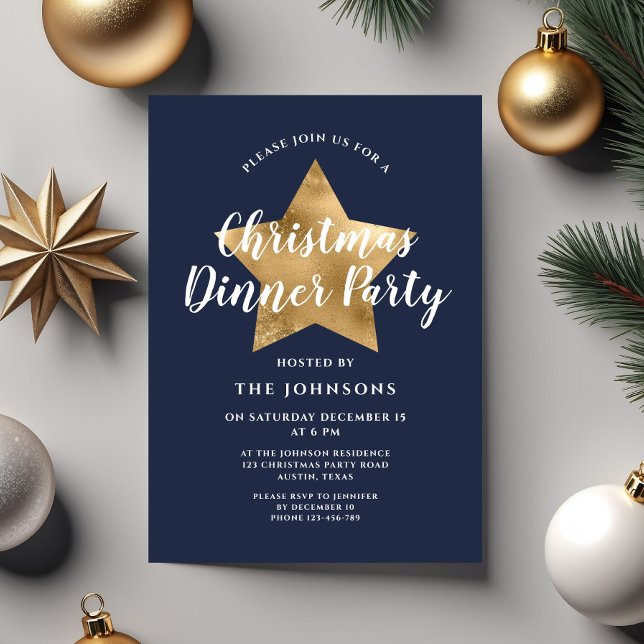 Invitación Elegante Fiesta de cena de Navidades de la Marina  (Elegant Navy Blue Gold Star Christmas Dinner Party Invitation)