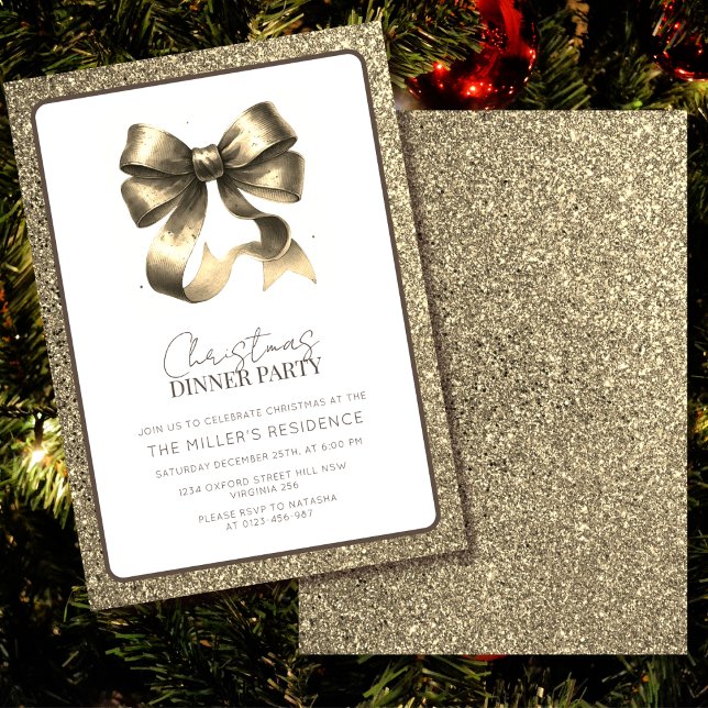 Invitación Elegante Fiesta de Cena de Navidades de Oro Bow (Subido por el creador)